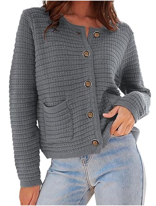 PRETTYGARDEN Womens 2023 Cardigan Sweaters Fall Open Front Button Down Long Sleeve Pockets Casual Chunky Knit Shirt Outerwear