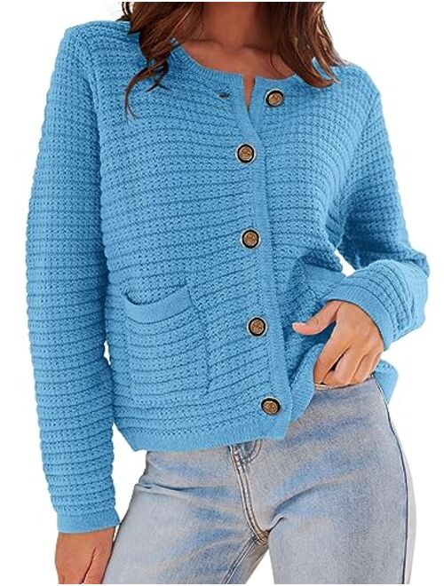 PRETTYGARDEN Womens 2023 Cardigan Sweaters Fall Open Front Button Down Long Sleeve Pockets Casual Chunky Knit Shirt Outerwear