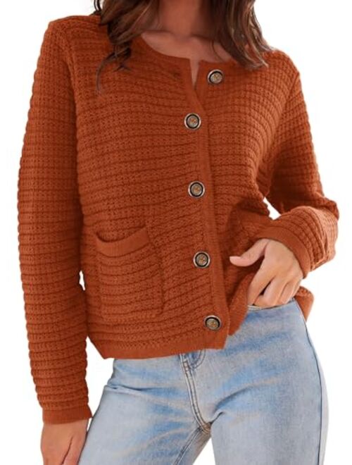 PRETTYGARDEN Womens 2023 Cardigan Sweaters Fall Open Front Button Down Long Sleeve Pockets Casual Chunky Knit Shirt Outerwear