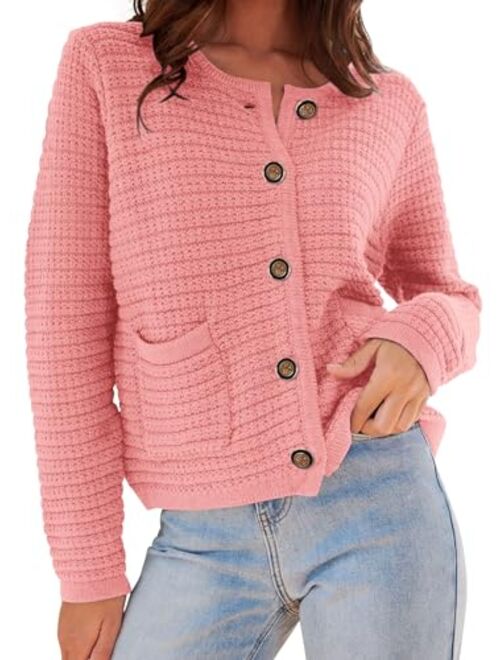 PRETTYGARDEN Womens 2023 Cardigan Sweaters Fall Open Front Button Down Long Sleeve Pockets Casual Chunky Knit Shirt Outerwear