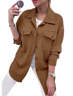 Women's 2023 Winter Quilted Jackets Lapel Coat Outerwear Casual Long Sleeve Button Down Blouse Shirts Tops