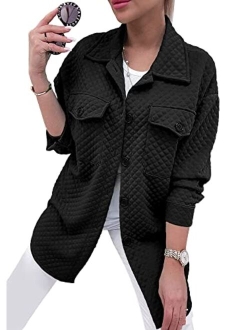 Women's 2023 Winter Quilted Jackets Lapel Coat Outerwear Casual Long Sleeve Button Down Blouse Shirts Tops