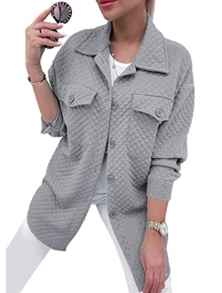 Women's 2023 Winter Quilted Jackets Lapel Coat Outerwear Casual Long Sleeve Button Down Blouse Shirts Tops