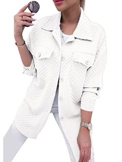 Women's 2023 Winter Quilted Jackets Lapel Coat Outerwear Casual Long Sleeve Button Down Blouse Shirts Tops