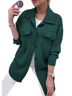 Women's 2023 Winter Quilted Jackets Lapel Coat Outerwear Casual Long Sleeve Button Down Blouse Shirts Tops