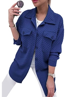 Women's 2023 Winter Quilted Jackets Lapel Coat Outerwear Casual Long Sleeve Button Down Blouse Shirts Tops