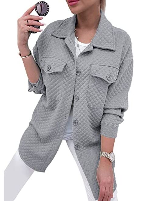 PRETTYGARDEN Women's 2023 Winter Quilted Jackets Lapel Coat Outerwear Casual Long Sleeve Button Down Blouse Shirts Tops