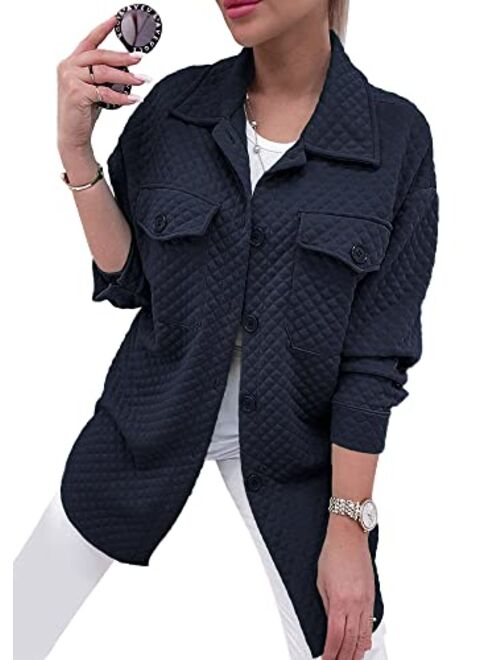 PRETTYGARDEN Women's 2023 Winter Quilted Jackets Lapel Coat Outerwear Casual Long Sleeve Button Down Blouse Shirts Tops