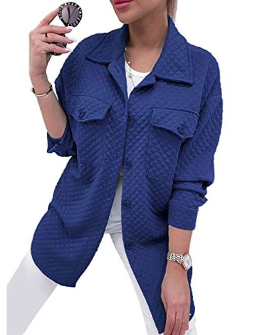 PRETTYGARDEN Women's 2023 Winter Quilted Jackets Lapel Coat Outerwear Casual Long Sleeve Button Down Blouse Shirts Tops