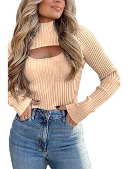 Women's 2023 Fashion Fall Clothes 2 Piece Cutout Tops Long Sleeve Mock Neck Rib Knit Winter Pullover Sweater