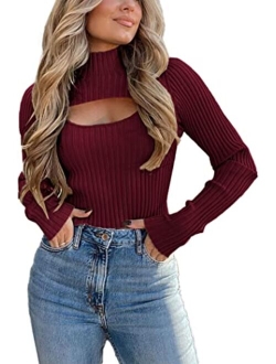 Women's 2023 Fashion Fall Clothes 2 Piece Cutout Tops Long Sleeve Mock Neck Rib Knit Winter Pullover Sweater