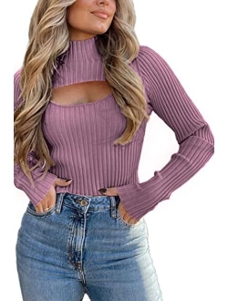 Women's 2023 Fashion Fall Clothes 2 Piece Cutout Tops Long Sleeve Mock Neck Rib Knit Winter Pullover Sweater