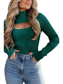 Women's 2023 Fashion Fall Clothes 2 Piece Cutout Tops Long Sleeve Mock Neck Rib Knit Winter Pullover Sweater