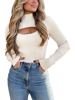 Women's 2023 Fashion Fall Clothes 2 Piece Cutout Tops Long Sleeve Mock Neck Rib Knit Winter Pullover Sweater