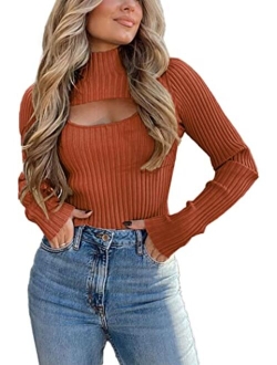 Women's 2023 Fashion Fall Clothes 2 Piece Cutout Tops Long Sleeve Mock Neck Rib Knit Winter Pullover Sweater