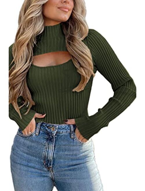 PRETTYGARDEN Women's 2023 Fashion Fall Clothes 2 Piece Cutout Tops Long Sleeve Mock Neck Rib Knit Winter Pullover Sweater