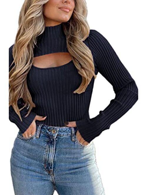 PRETTYGARDEN Women's 2023 Fashion Fall Clothes 2 Piece Cutout Tops Long Sleeve Mock Neck Rib Knit Winter Pullover Sweater