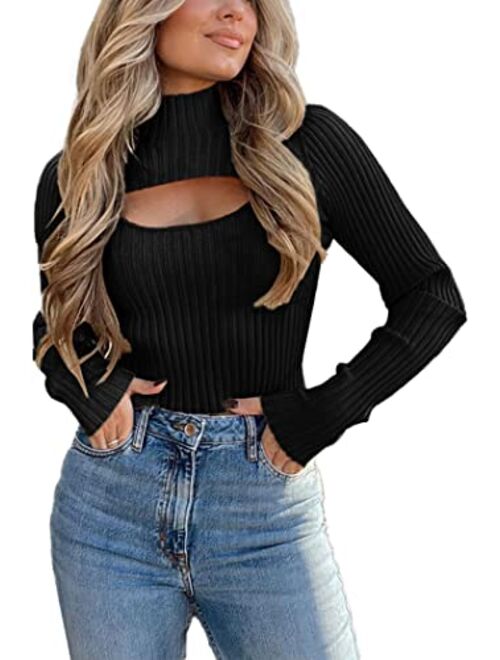 PRETTYGARDEN Women's 2023 Fashion Fall Clothes 2 Piece Cutout Tops Long Sleeve Mock Neck Rib Knit Winter Pullover Sweater