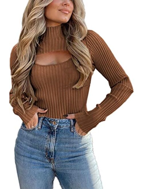 PRETTYGARDEN Women's 2023 Fashion Fall Clothes 2 Piece Cutout Tops Long Sleeve Mock Neck Rib Knit Winter Pullover Sweater