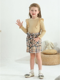 Weixinbuy Toddler Girl Fall Winter Clothes Solid Long Sleeve Ribbed T-Shirt Knit Tops Plaid Button Mini Skirts Set Outfits