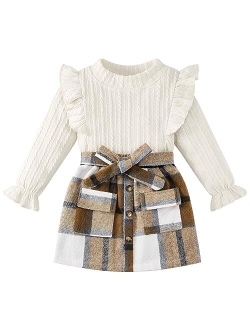 Weixinbuy Toddler Girl Fall Winter Clothes Solid Long Sleeve Ribbed T-Shirt Knit Tops Plaid Button Mini Skirts Set Outfits