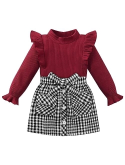 Weixinbuy Toddler Girl Fall Winter Clothes Solid Long Sleeve Ribbed T-Shirt Knit Tops Plaid Button Mini Skirts Set Outfits