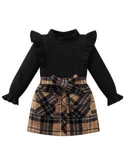 Weixinbuy Toddler Girl Fall Winter Clothes Solid Long Sleeve Ribbed T-Shirt Knit Tops Plaid Button Mini Skirts Set Outfits