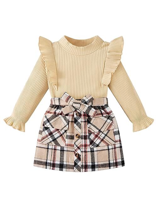 Weixinbuy Toddler Girl Fall Winter Clothes Solid Long Sleeve Ribbed T-Shirt Knit Tops Plaid Button Mini Skirts Set Outfits