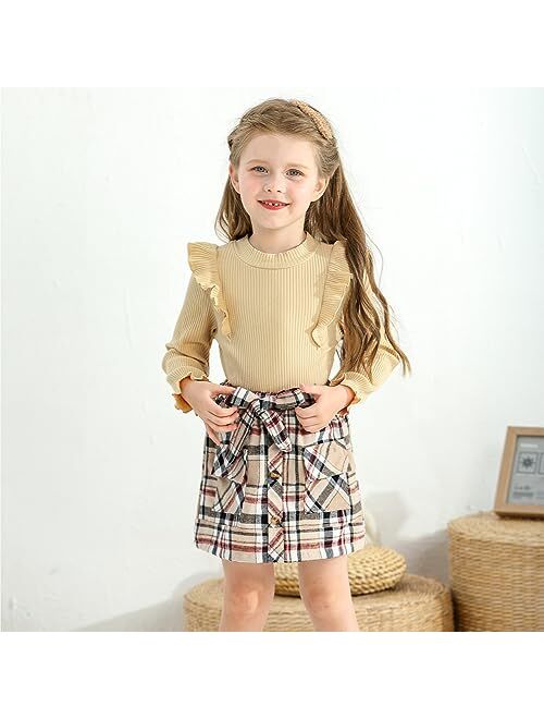 Weixinbuy Toddler Girl Fall Winter Clothes Solid Long Sleeve Ribbed T-Shirt Knit Tops Plaid Button Mini Skirts Set Outfits