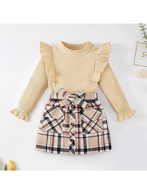 Weixinbuy Toddler Girl Fall Winter Clothes Solid Long Sleeve Ribbed T-Shirt Knit Tops Plaid Button Mini Skirts Set Outfits