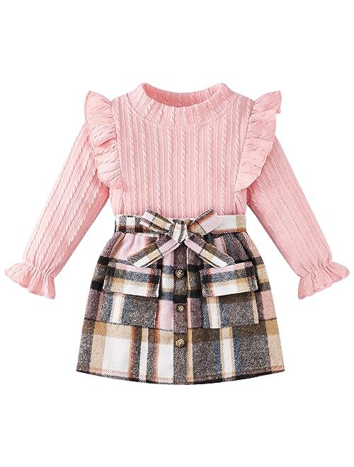 Weixinbuy Toddler Girl Fall Winter Clothes Solid Long Sleeve Ribbed T-Shirt Knit Tops Plaid Button Mini Skirts Set Outfits