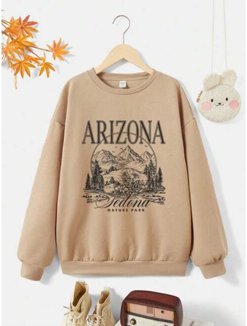 Teen Girl Mountain Letter Graphic Drop Shoulder Thermal Sweatshirt