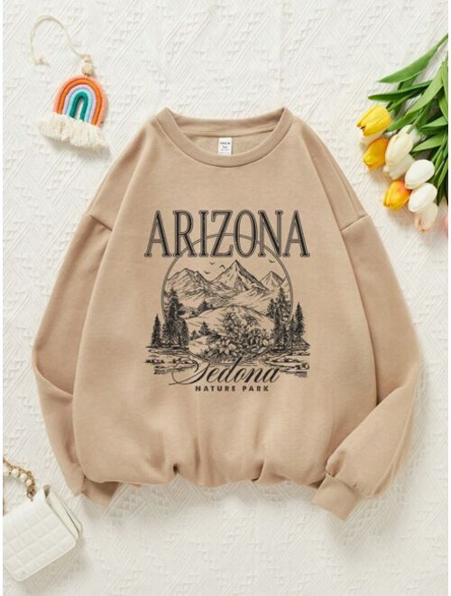 Teen Girl Mountain Letter Graphic Drop Shoulder Thermal Sweatshirt