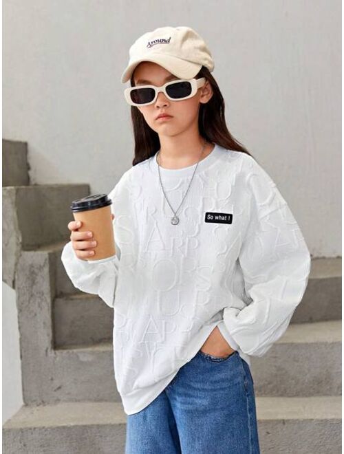 SHEIN Tween Girl Slogan Patched Drop Shoulder Sweatshirt