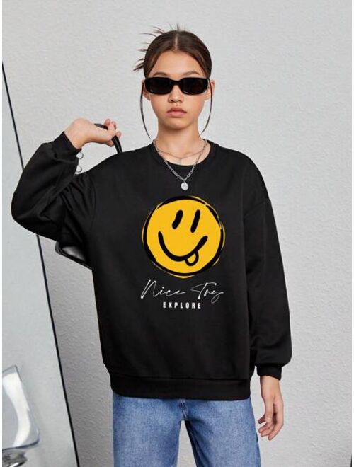 Teen Girl Cartoon Letter Graphic Drop Shoulder Sweatshirt