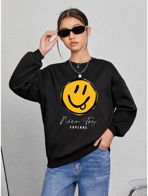 Teen Girl Cartoon Letter Graphic Drop Shoulder Sweatshirt