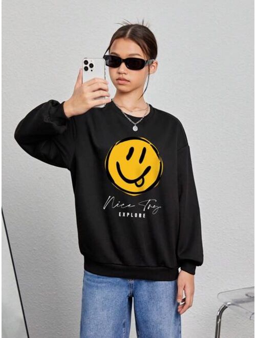 Teen Girl Cartoon Letter Graphic Drop Shoulder Sweatshirt