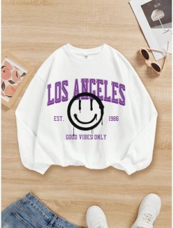 Teen Girl Cartoon Letter Graphic Drop Shoulder Sweatshirt