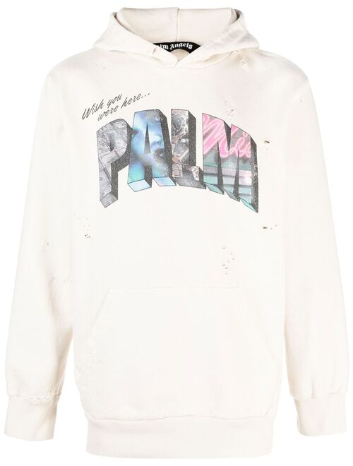 Palm Angels logo-print distressed hoodie