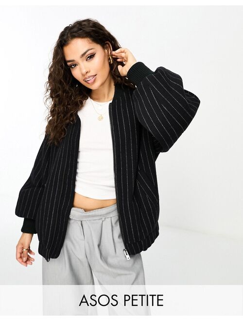 ASOS Petite ASOS DESIGN Petite brushed bomber jacket in black pinstripe