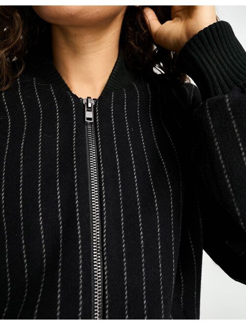 ASOS Petite ASOS DESIGN Petite brushed bomber jacket in black pinstripe