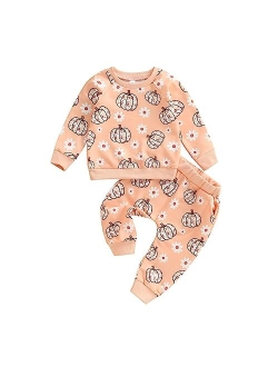 GuliriFei Toddler Baby Girl Halloween Outfit Pumpkin Print Long Sleeve Sweatshirts and Pants Set 2Pcs Fall Winter Clothes