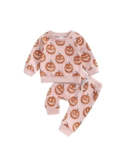 GuliriFei Toddler Baby Girl Halloween Outfit Pumpkin Print Long Sleeve Sweatshirts and Pants Set 2Pcs Fall Winter Clothes