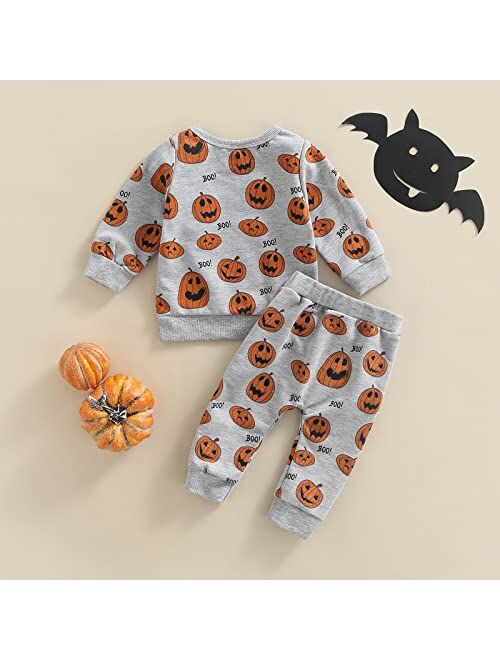 GuliriFei Toddler Baby Girl Halloween Outfit Pumpkin Print Long Sleeve Sweatshirts and Pants Set 2Pcs Fall Winter Clothes