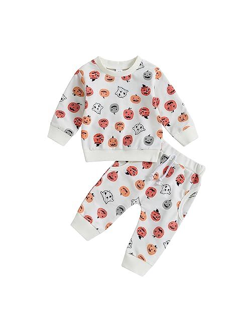 GuliriFei Toddler Baby Girl Halloween Outfit Pumpkin Print Long Sleeve Sweatshirts and Pants Set 2Pcs Fall Winter Clothes