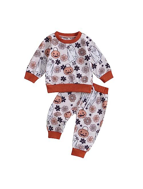 GuliriFei Toddler Baby Girl Halloween Outfit Pumpkin Print Long Sleeve Sweatshirts and Pants Set 2Pcs Fall Winter Clothes