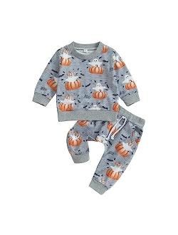 AEEMCEM Toddler Baby Girl Halloween Outfit Pumpkin Floral Print Sweatshirt Top Elastic Waist Pants Set Cute Halloween Clothes