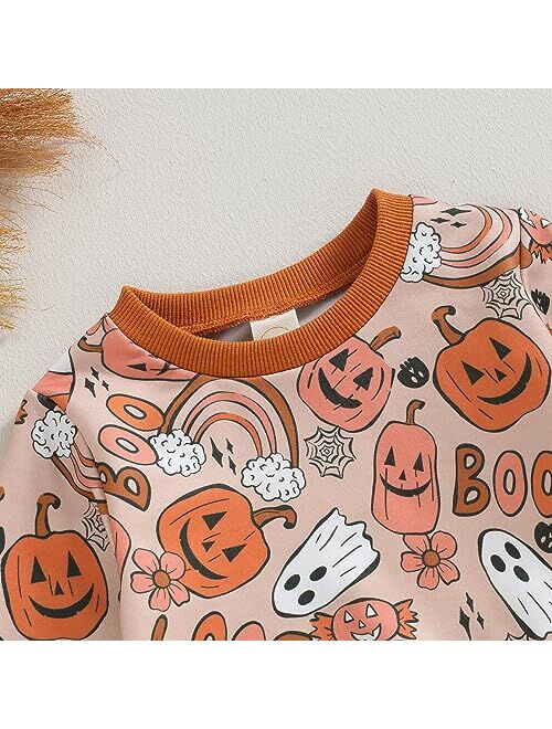 AEEMCEM Toddler Baby Girl Halloween Outfit Pumpkin Floral Print Sweatshirt Top Elastic Waist Pants Set Cute Halloween Clothes