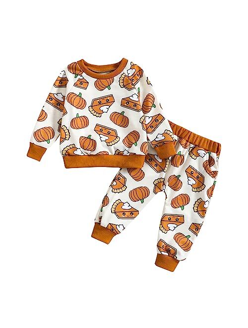 AEEMCEM Toddler Baby Girl Halloween Outfit Pumpkin Floral Print Sweatshirt Top Elastic Waist Pants Set Cute Halloween Clothes