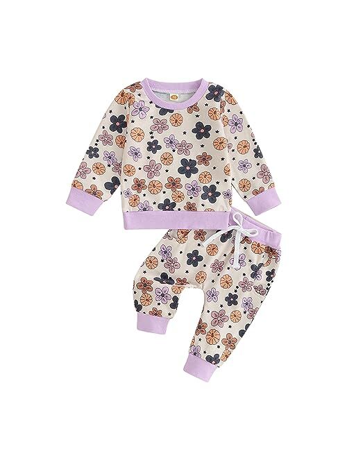 AEEMCEM Toddler Baby Girl Halloween Outfit Pumpkin Floral Print Sweatshirt Top Elastic Waist Pants Set Cute Halloween Clothes